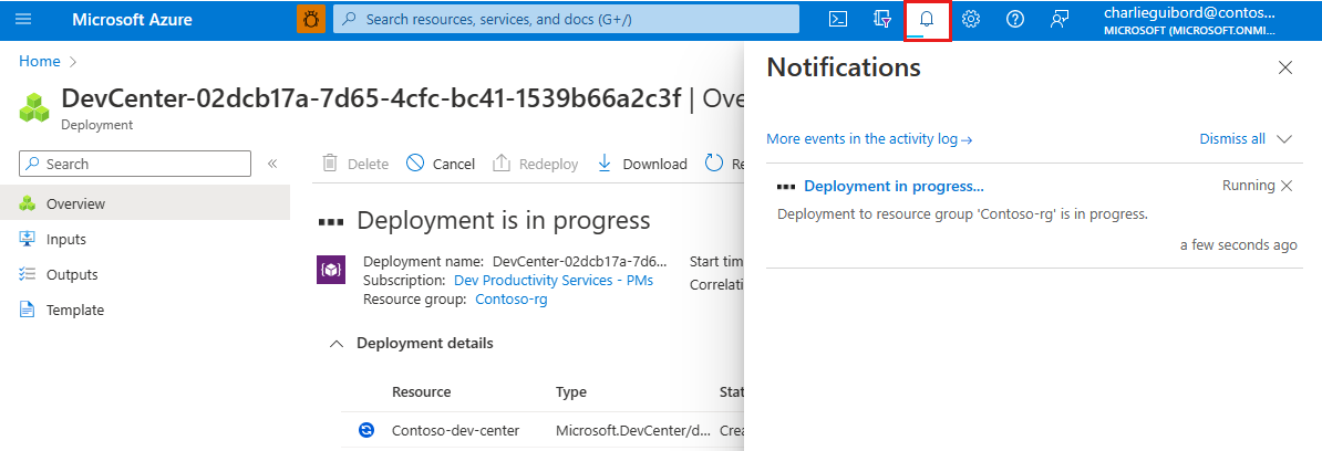 Captura de ecrã que mostra o painel Notificações no portal do Azure.