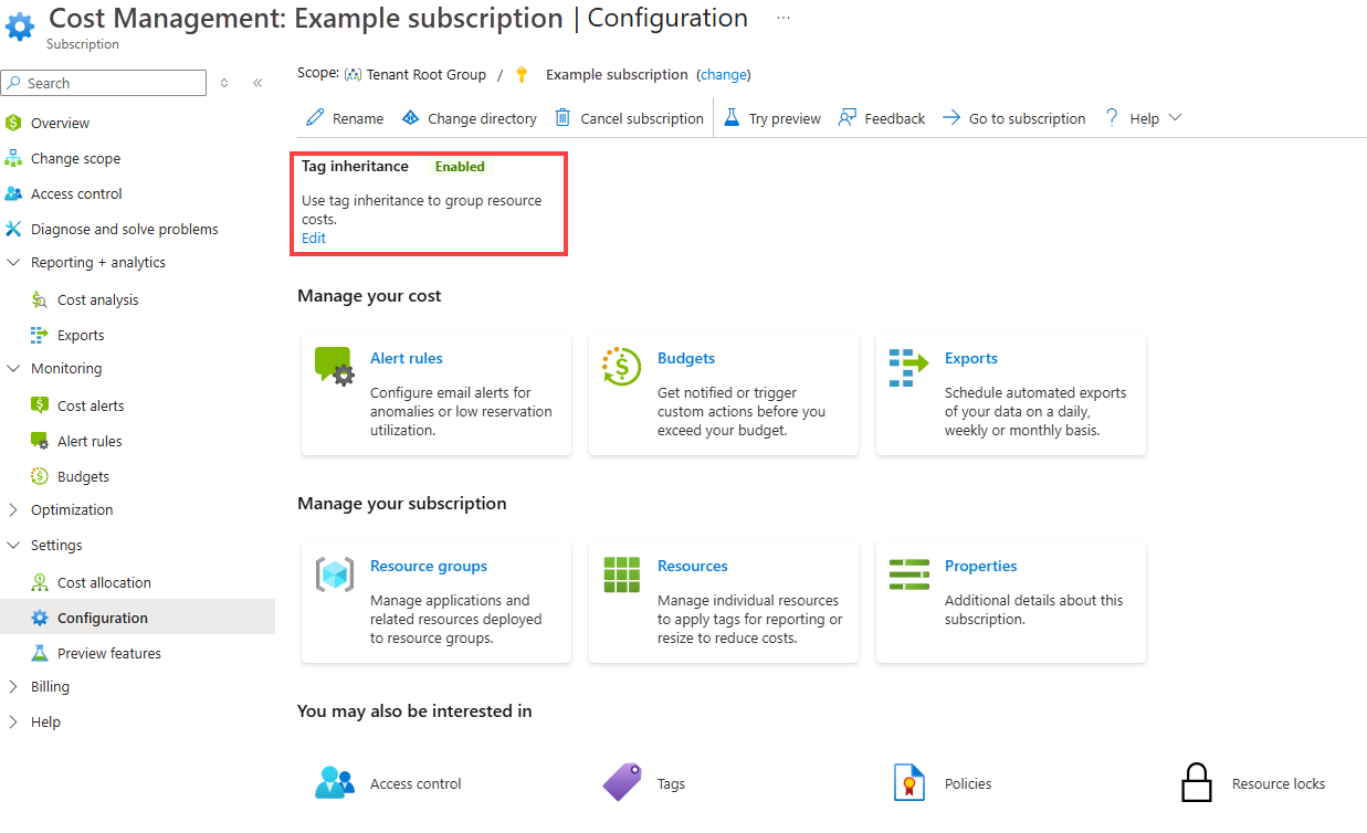 Captura de ecrã que mostra que a Herança de Etiquetas está Ativada para gestão de custos no portal do Azure.