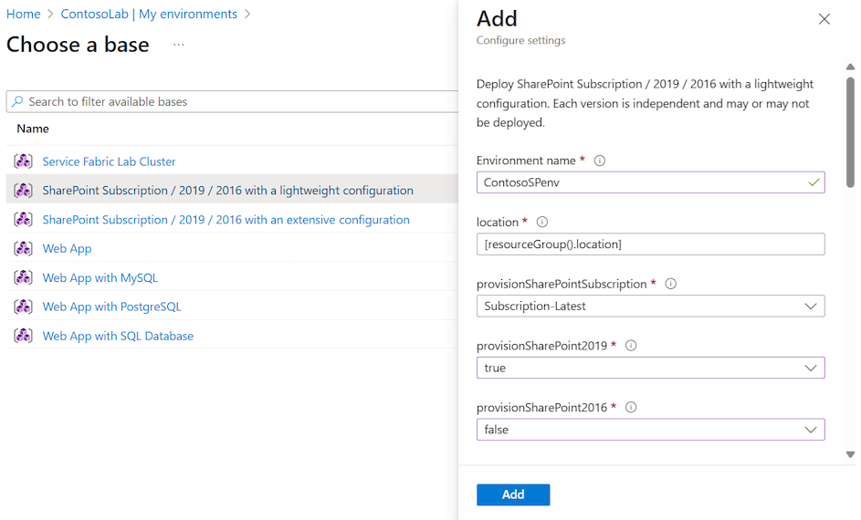 Captura de tela que mostra o painel Adicionar com configurações a serem definidas para um ambiente do SharePoint.