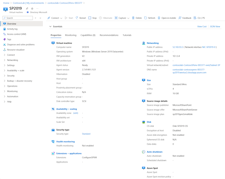 Captura de tela que mostra as ações disponíveis para a VM do ambiente selecionado.