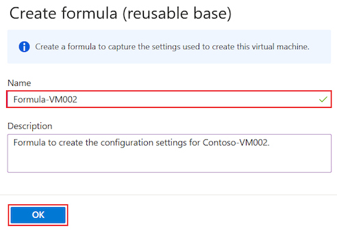 Captura de tela que mostra como configurar a fórmula de uma VM existente no DevTest Labs.