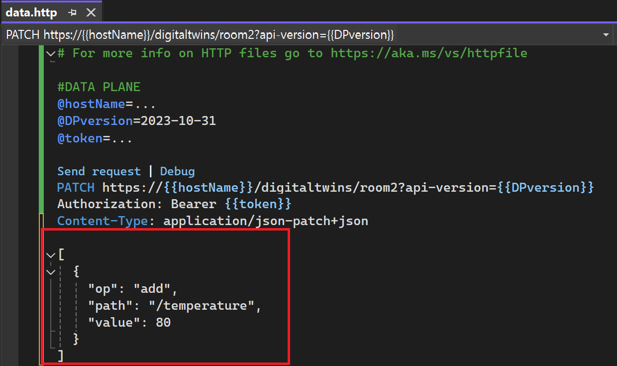Captura de tela da solicitação com um corpo no Visual Studio.