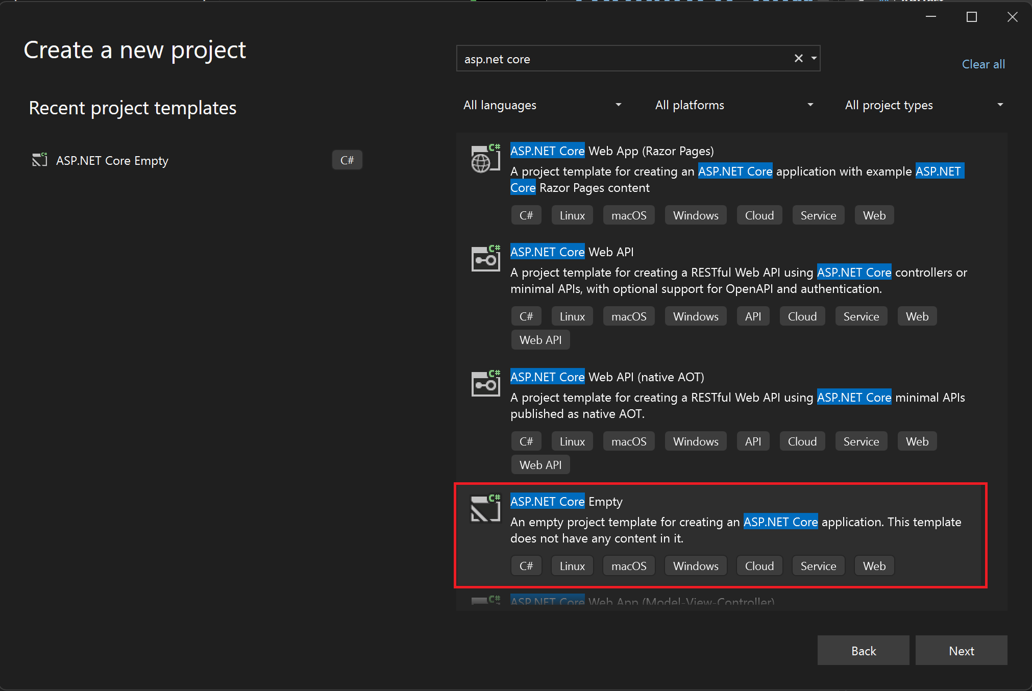 Captura de tela de um modelo de projeto ASP.NET Core Empty no Visual Studio.