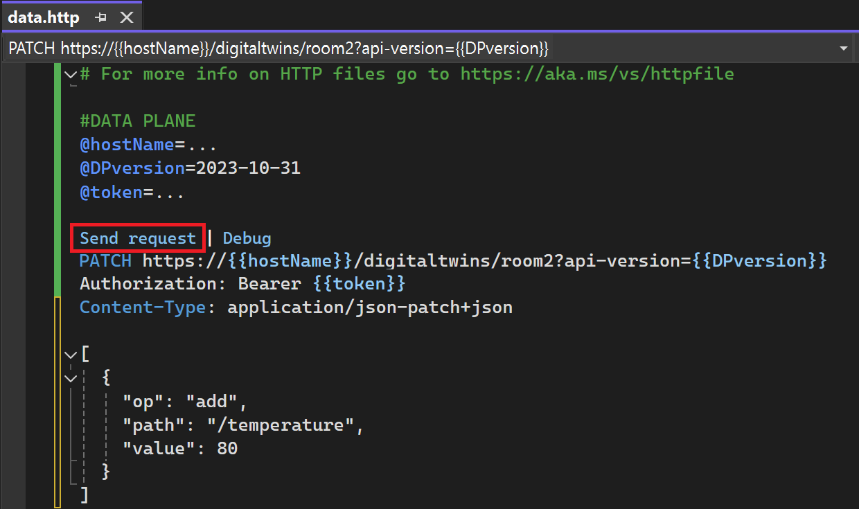 Captura de tela de Enviar solicitação no Visual Studio.