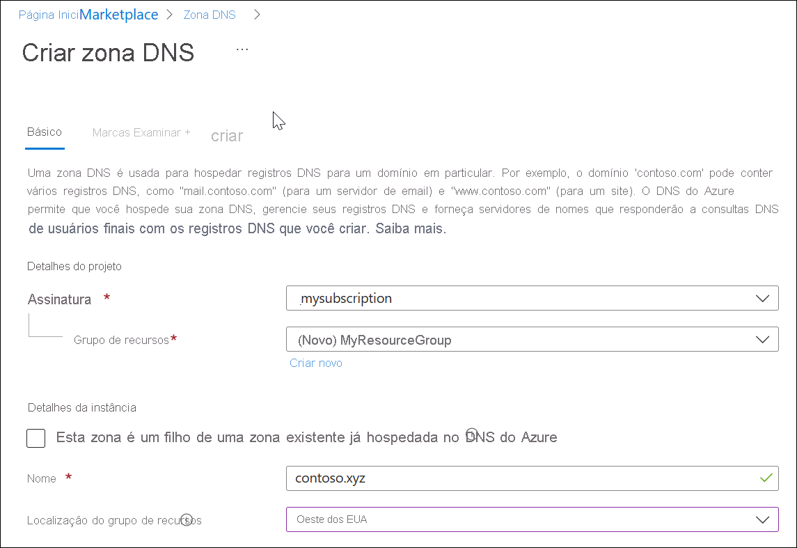 Uma captura de tela mostrando como criar uma zona DNS.