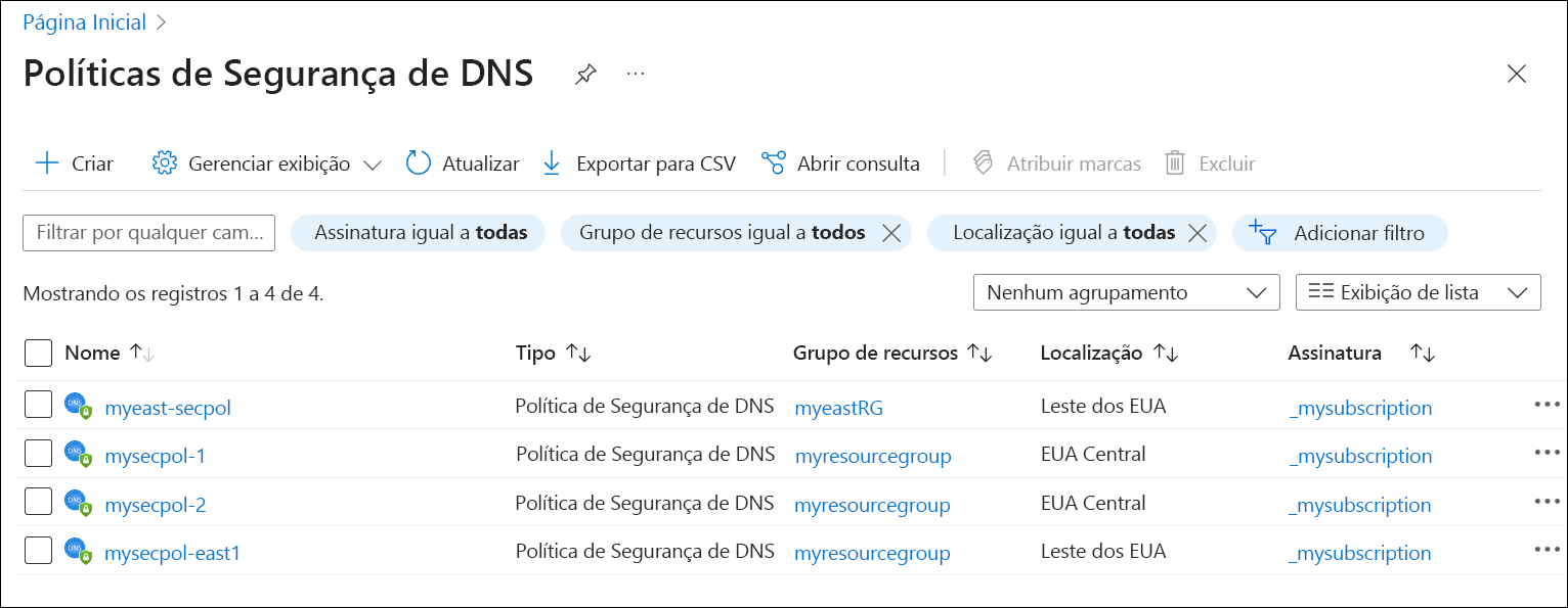 Captura de ecrã da lista de políticas de segurança DNS.