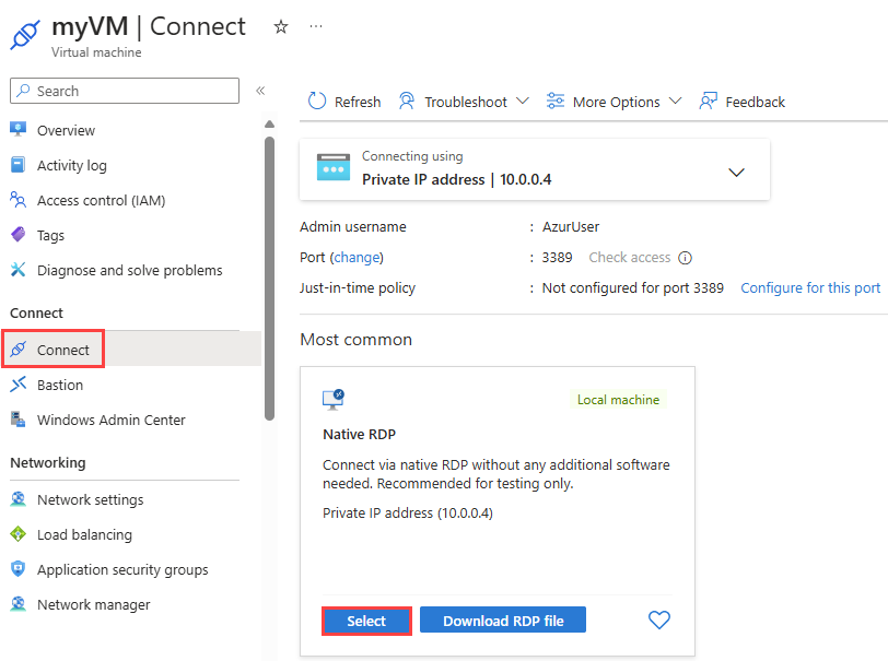 Captura de tela que mostra como se conectar a uma máquina virtual usando RDP.