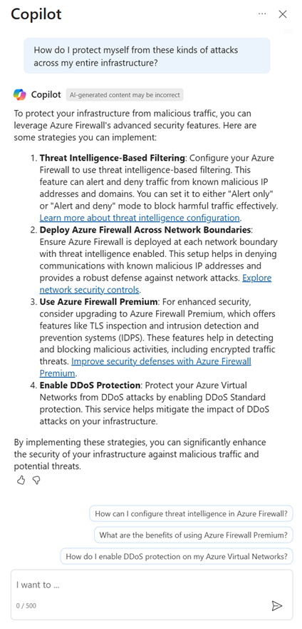 Captura de tela mostrando as recomendações geradas para proteger seu ambiente usando o recurso IDPS do Firewall do Azure.