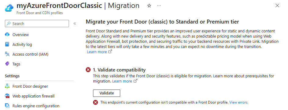 Captura de ecrã do perfil Azure Front Door (clássico) falhando a fase de validação.