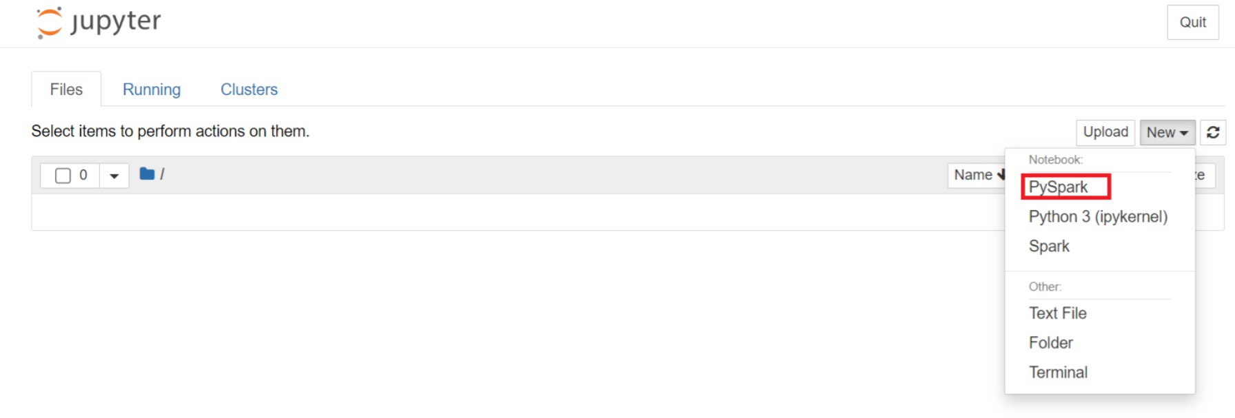 Captura de tela da nova página do PySpark.
