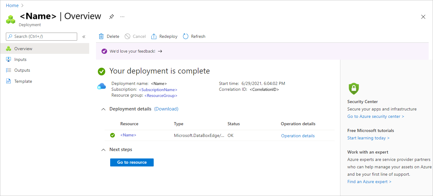 Captura de ecrã a mostrar um recurso de gestão concluído no Azure Stack Edge.