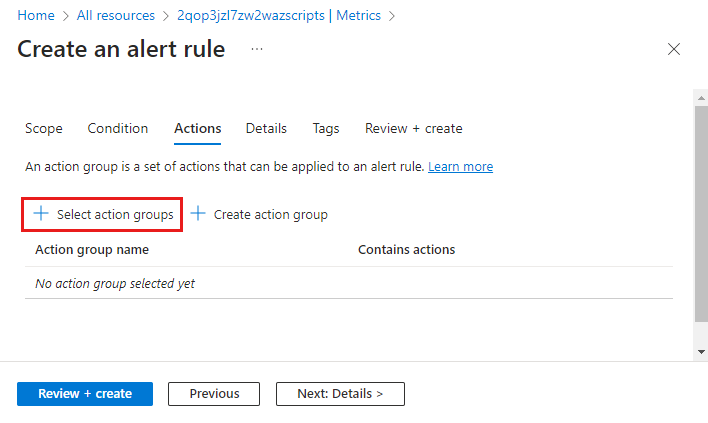 Captura de tela que mostra o botão Selecionar grupos de ações.
