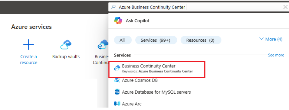 Captura de tela que mostra onde procurar e selecionar Centro de Continuidade de Negócios.