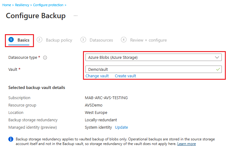 A captura de tela mostra como selecionar o tipo de fonte de dados para iniciar o backup de blob em cofre.
