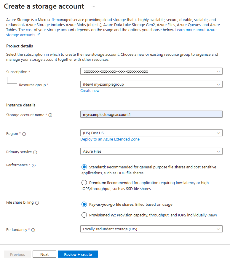 Captura de tela mostrando como inserir os detalhes do projeto e da instância para uma conta de armazenamento usando o portal do Azure.
