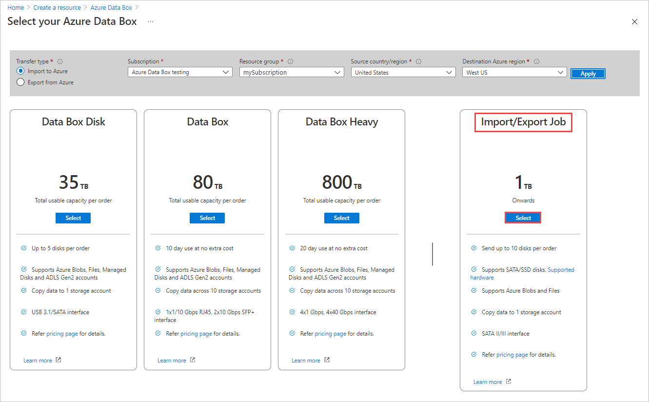Captura de ecrã mostrando as opções do produto para uma nova encomenda do Data Box. O botão Selecionar para o Import Export Job está realçado.