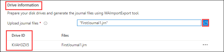 Captura de ecrã a mostrar as Informações do Disco no separador Detalhes do Trabalho para um trabalho de Importação/Exportação do Azure. O botão Copiar e o ID do disco para um ficheiro de diário carregado estão destacados.