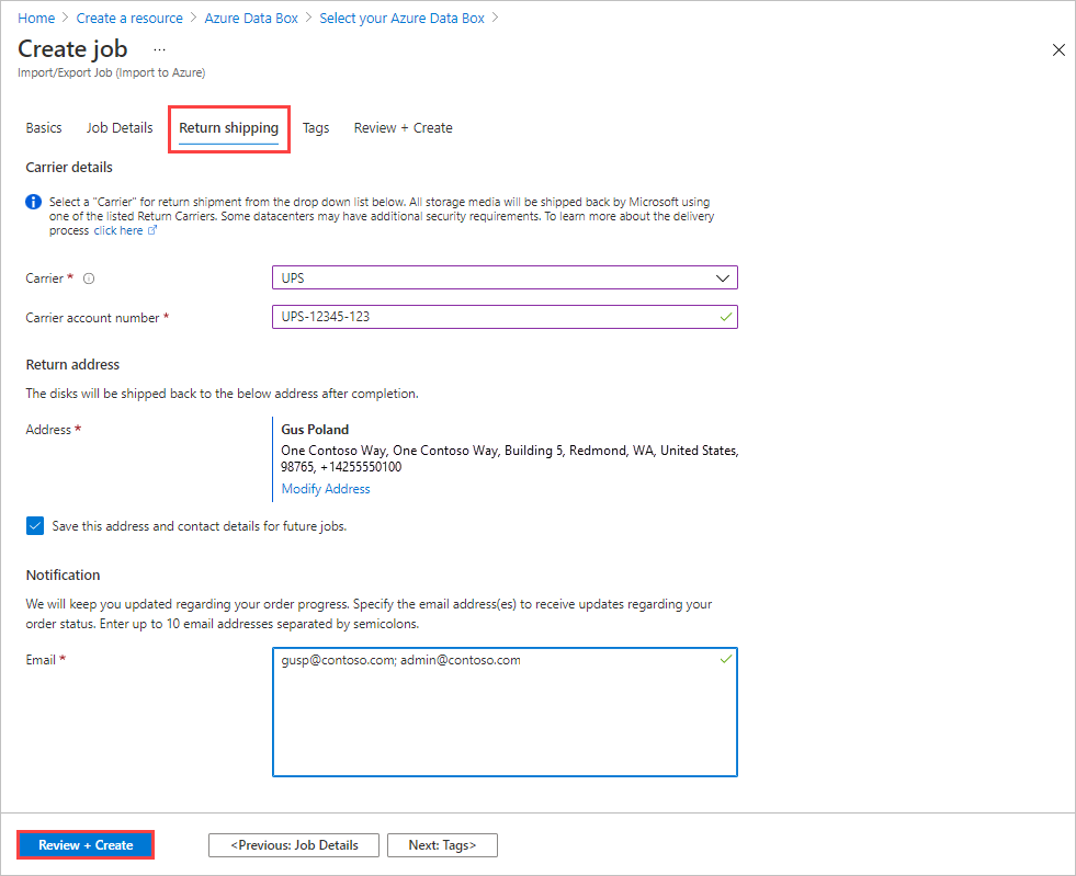Captura de ecrã do separador Devolução de Envio para um trabalho de importação no Azure Data Box com todos os campos preenchidos. O separador Devolução de Envio e o botão Rever e Criar são realçados.