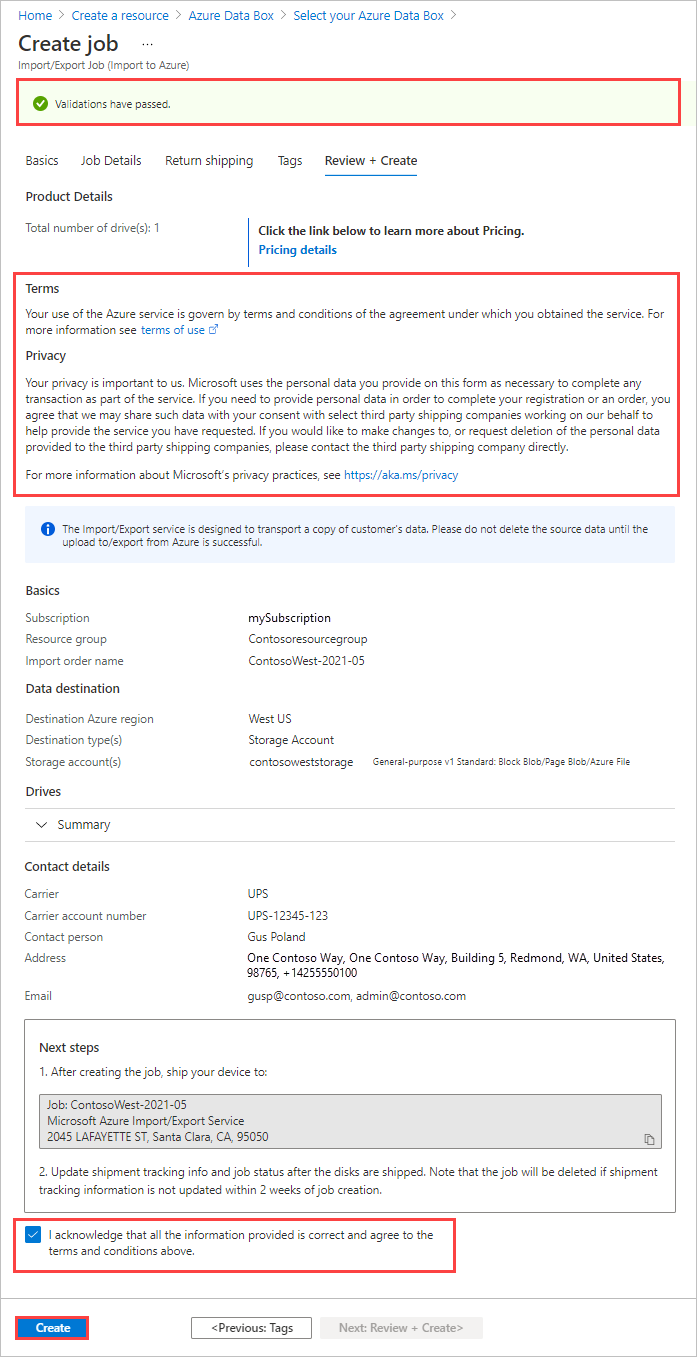 Captura de ecrã a mostrar o separador Rever e Criar para um trabalho de Importação/Exportação do Azure. O estado de validação, os Termos, e o botão Criar são realçados.