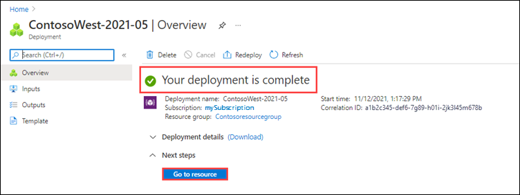 Captura de ecrã da mensagem de estado de uma encomenda concluída para um trabalho de Importação/Exportação do Azure. O estado e o botão Ir para o Recurso estão realçados.