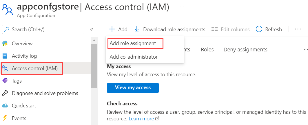 Captura de tela que mostra a página Controle de acesso (IAM) com o menu Adicionar atribuição de função aberto.