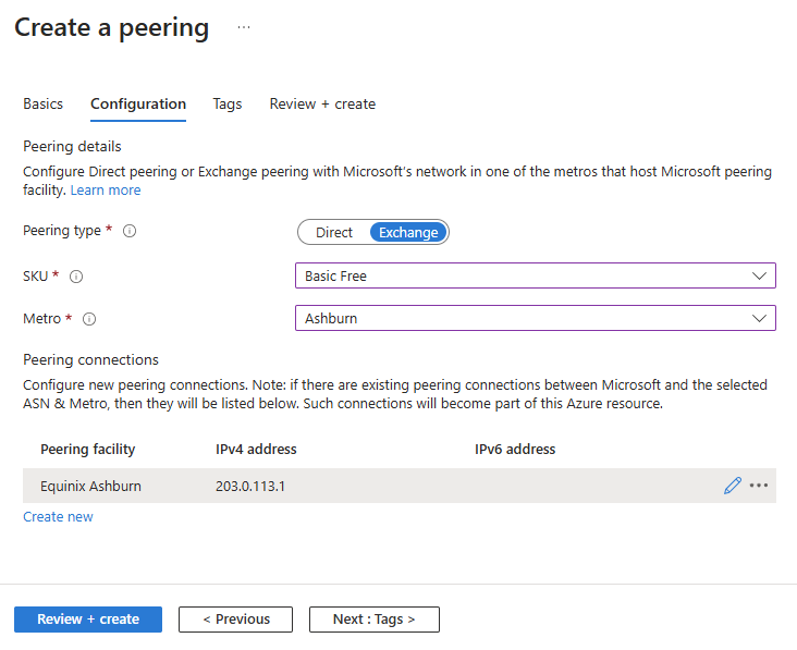 Captura de tela que mostra a guia Configuração da criação de um emparelhamento do Exchange no portal do Azure.