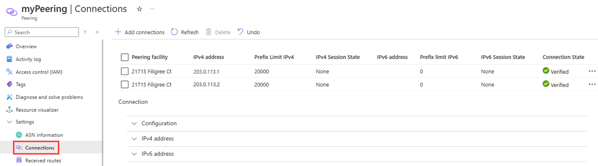 Captura de tela que mostra as conexões de emparelhamento no portal do Azure.