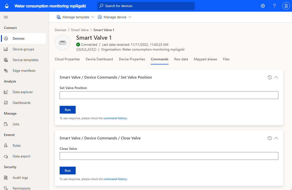 Captura de tela mostrando o dispositivo de válvula inteligente do aplicativo de monitoramento de consumo de água.