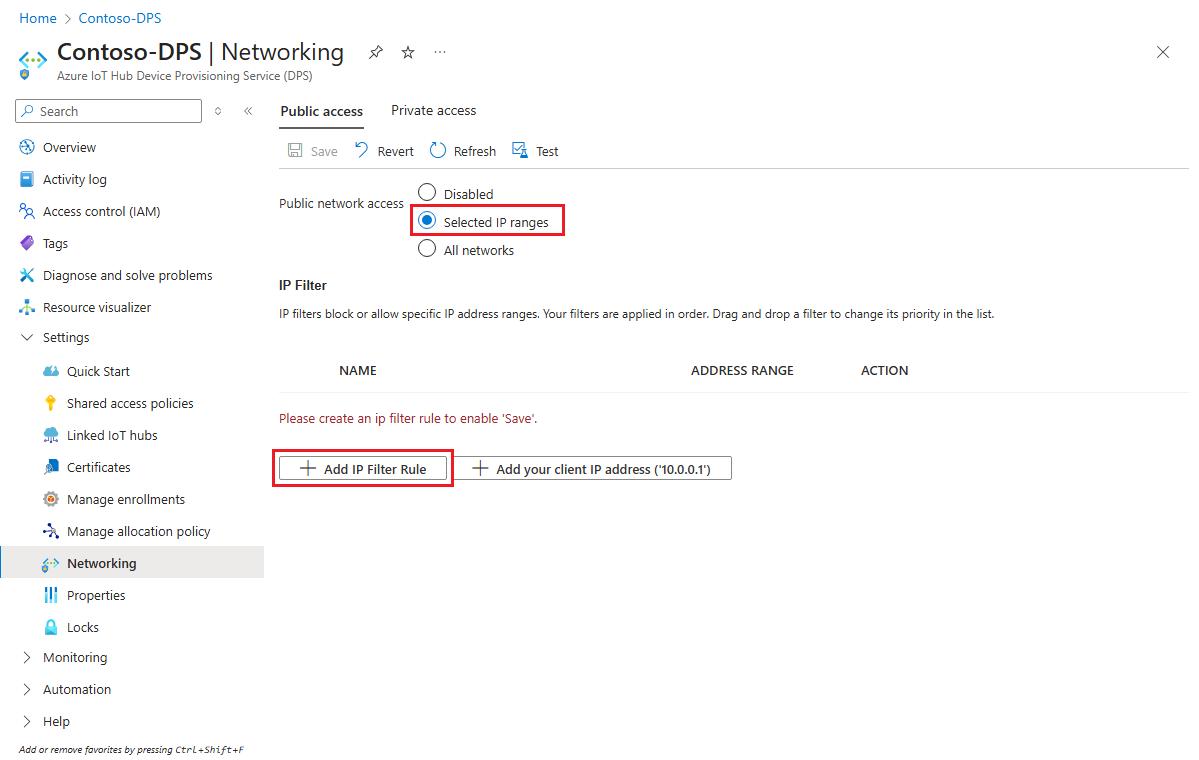 Captura de tela que mostra como adicionar uma regra de filtro IP a uma instância do IoT DPS no portal do Azure.