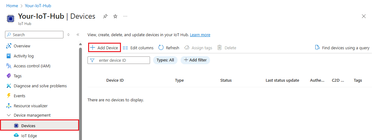 Captura de ecrã que mostra a adição de um novo dispositivo no portal do Azure.
