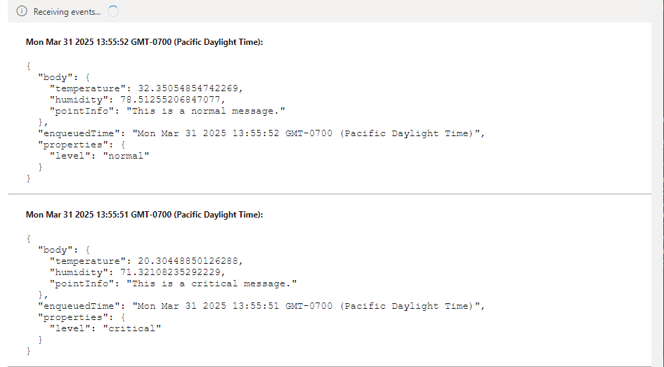Captura de ecrã mostrando as mensagens que chegam ao Hub IoT no ponto de extremidade incorporado.