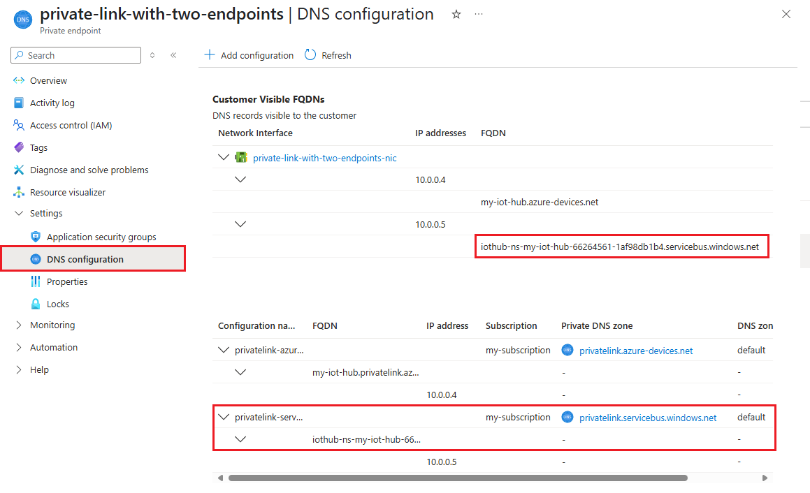 Captura de tela mostrando dois pontos de extremidade privados para um link privado do Hub IoT, destacando o FQDN e a configuração para o ponto de extremidade interno.