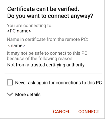 Captura de tela que mostra o aviso de certificado ao se conectar à VM de laboratório.