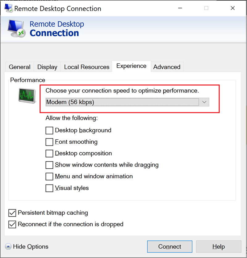 Captura de ecrã do separador experiência do cliente RDP do Windows, realçando a definição de velocidade de ligação.