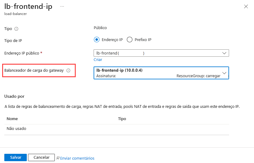 Captura de ecrã da adição do balanceador de carga de gateway ao IP de front-end.