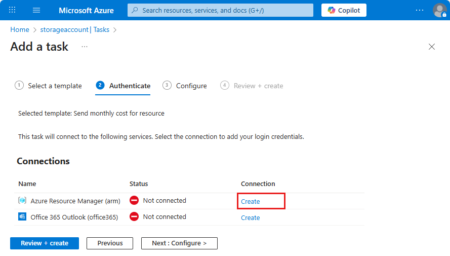 A captura de tela mostra a opção Criar para a conexão do Azure Resource Manager.