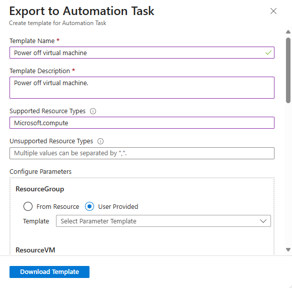 A captura de tela mostra o painel de tarefas Exportar para automação com propriedades de exemplo para um modelo de tarefa de automação.