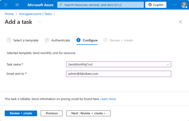 A captura de tela mostra as informações necessárias para configurar a tarefa.