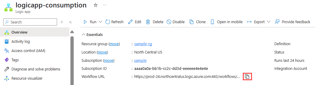 A captura de tela mostra a página Visão geral do aplicativo lógico de consumo com a URL do fluxo de trabalho.