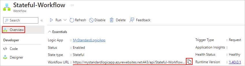 A captura de tela mostra o fluxo de trabalho padrão e a página Visão geral com a URL do fluxo de trabalho.