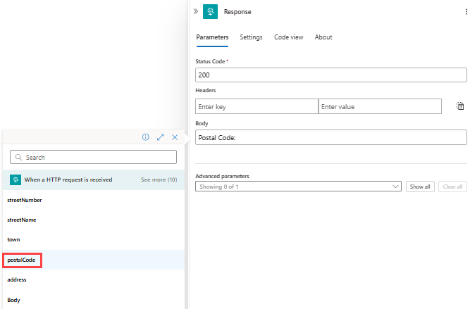 A captura de tela mostra o fluxo de trabalho padrão, a ação de resposta e a saída de gatilho especificada para incluir no corpo da resposta.