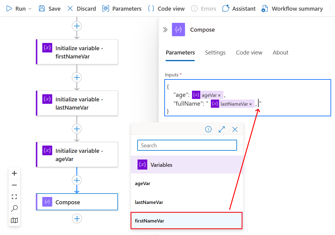 A captura de tela mostra o fluxo de trabalho de consumo, a ação de composição, a lista de conteúdo dinâmico e as entradas selecionadas a serem usadas.
