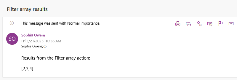 A captura de tela mostra o e-mail com os resultados da ação chamada Matriz de filtro.