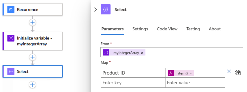 A captura de tela mostra o fluxo de trabalho Consumo e a ação de exemplo concluída chamada Selecionar.