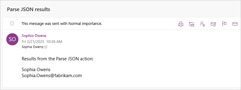 A captura de tela mostra o e-mail com os resultados da ação chamada Parse JSON.
