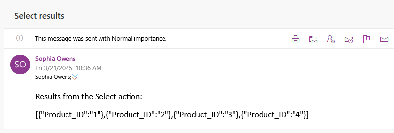 A captura de tela mostra o e-mail com os resultados da ação Selecionar.