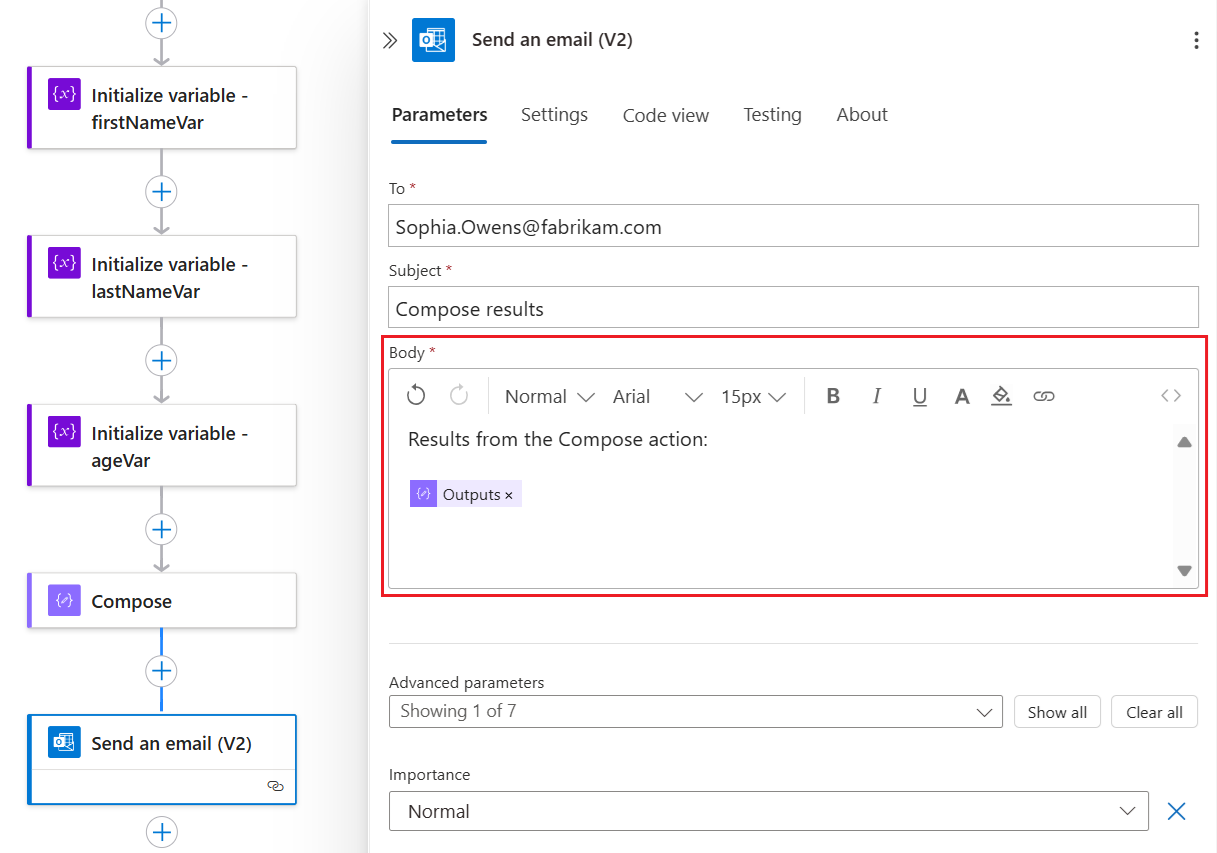 A captura de tela mostra o designer de fluxo de trabalho, a ação chamada Enviar um email e a saída da ação Redigir anterior.