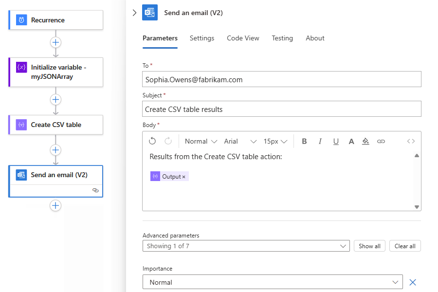 A captura de tela mostra o fluxo de trabalho com a ação chamada Enviar um e-mail. A propriedade Body contém o campo chamado Output da ação anterior chamada Create CSV table.