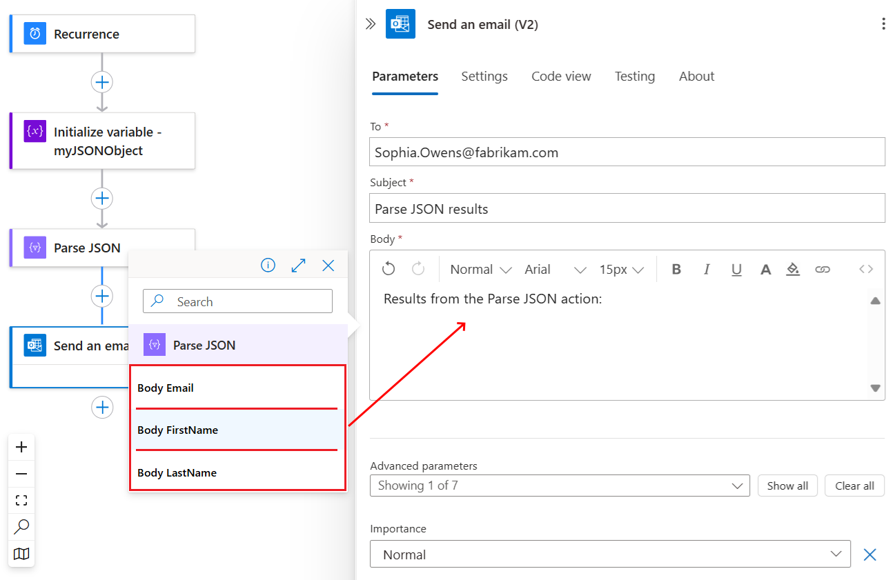 A captura de tela mostra o fluxo de trabalho padrão com propriedades JSON na ação chamada Enviar um email.