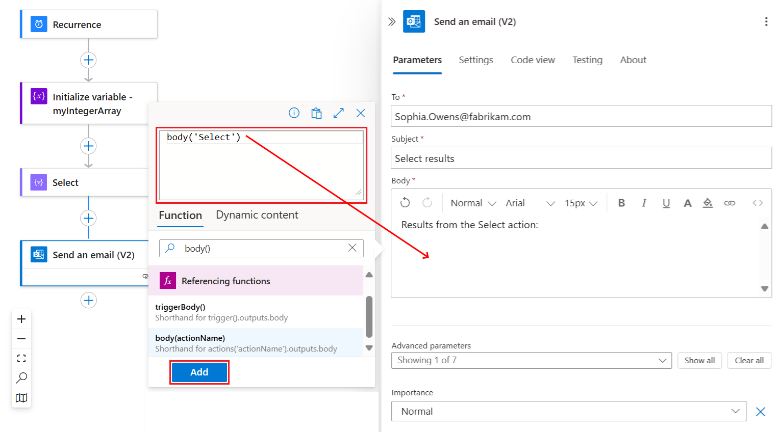 A captura de tela mostra o fluxo de trabalho com a ação chamada Enviar um e-mail e as saídas da ação Selecionar.